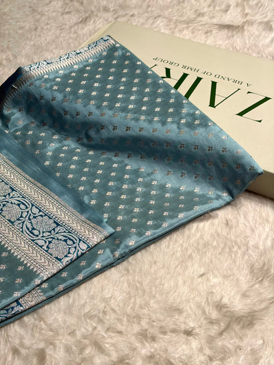 Powder Blue Shades With Contrast Border Crepe Silky Katan Banarasi Saree CSK-04