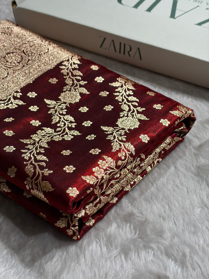 Satin Silk Saree Cross with Booti in Maroon Shades SS24