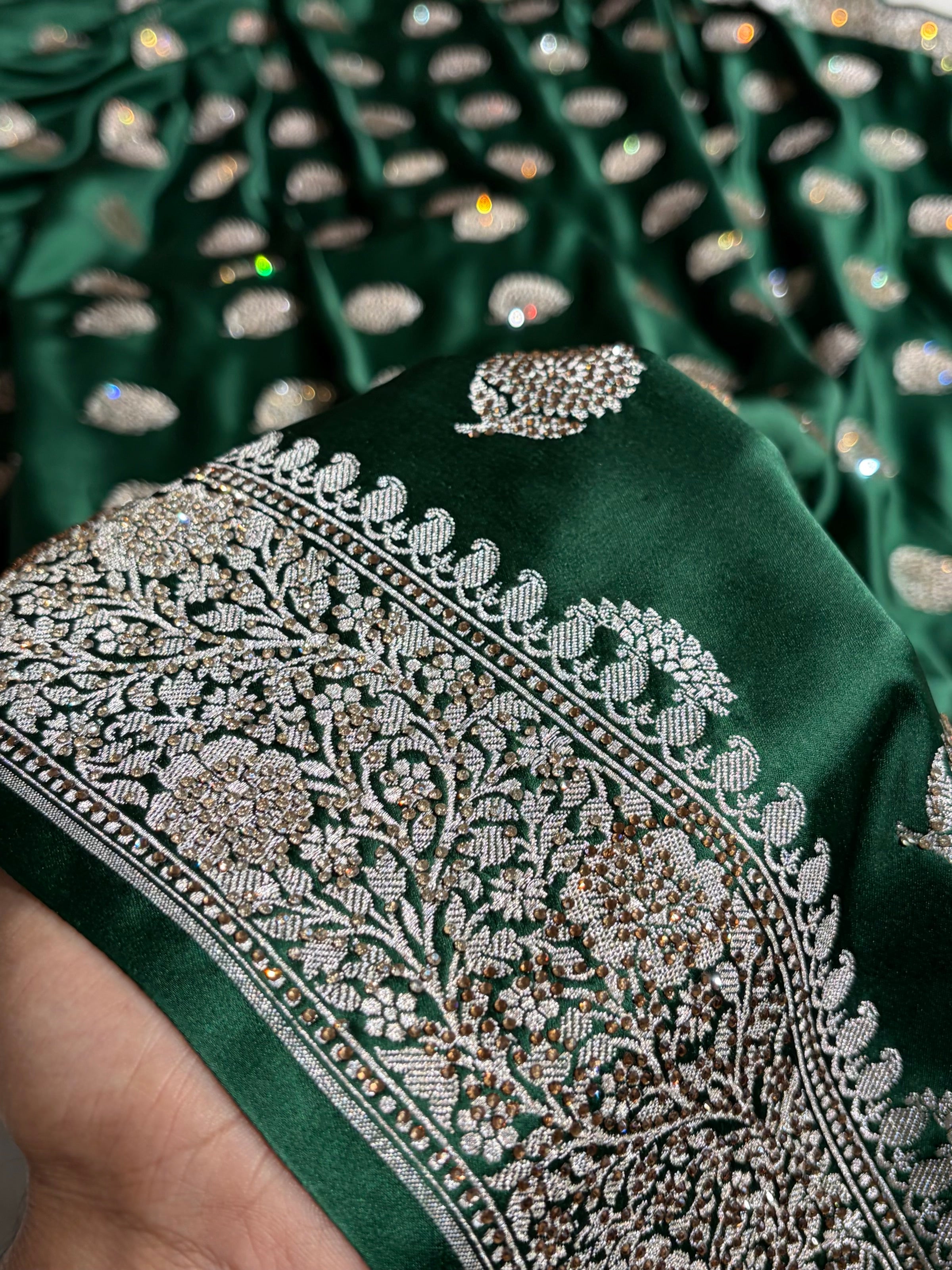 Bottle Green Tree Boota With Swarovski Work Mashru Silk Saree BMS19