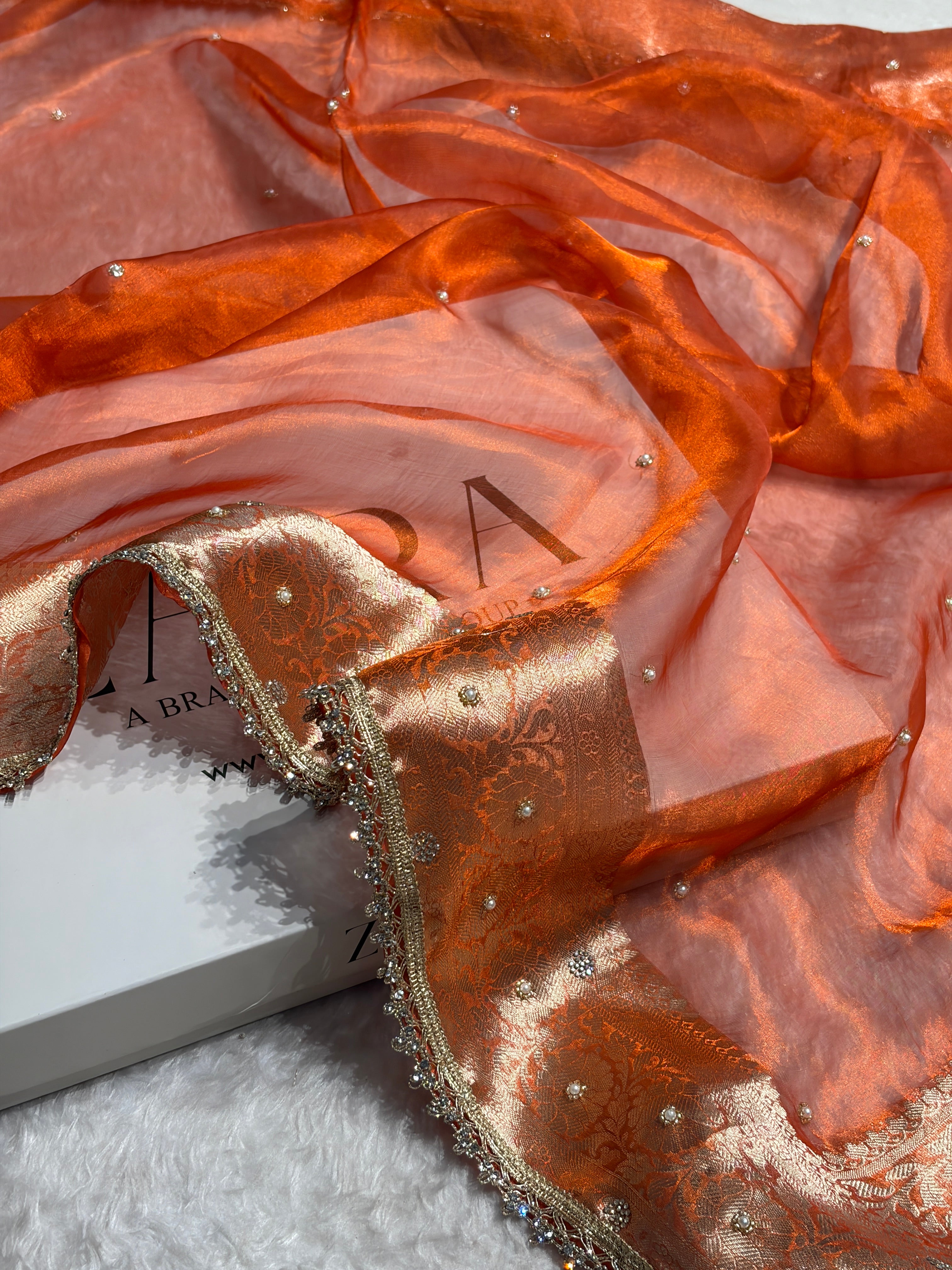 Orange Shade Pure Tissue Silk Saree Moti with Gota Patti BPTGP-18