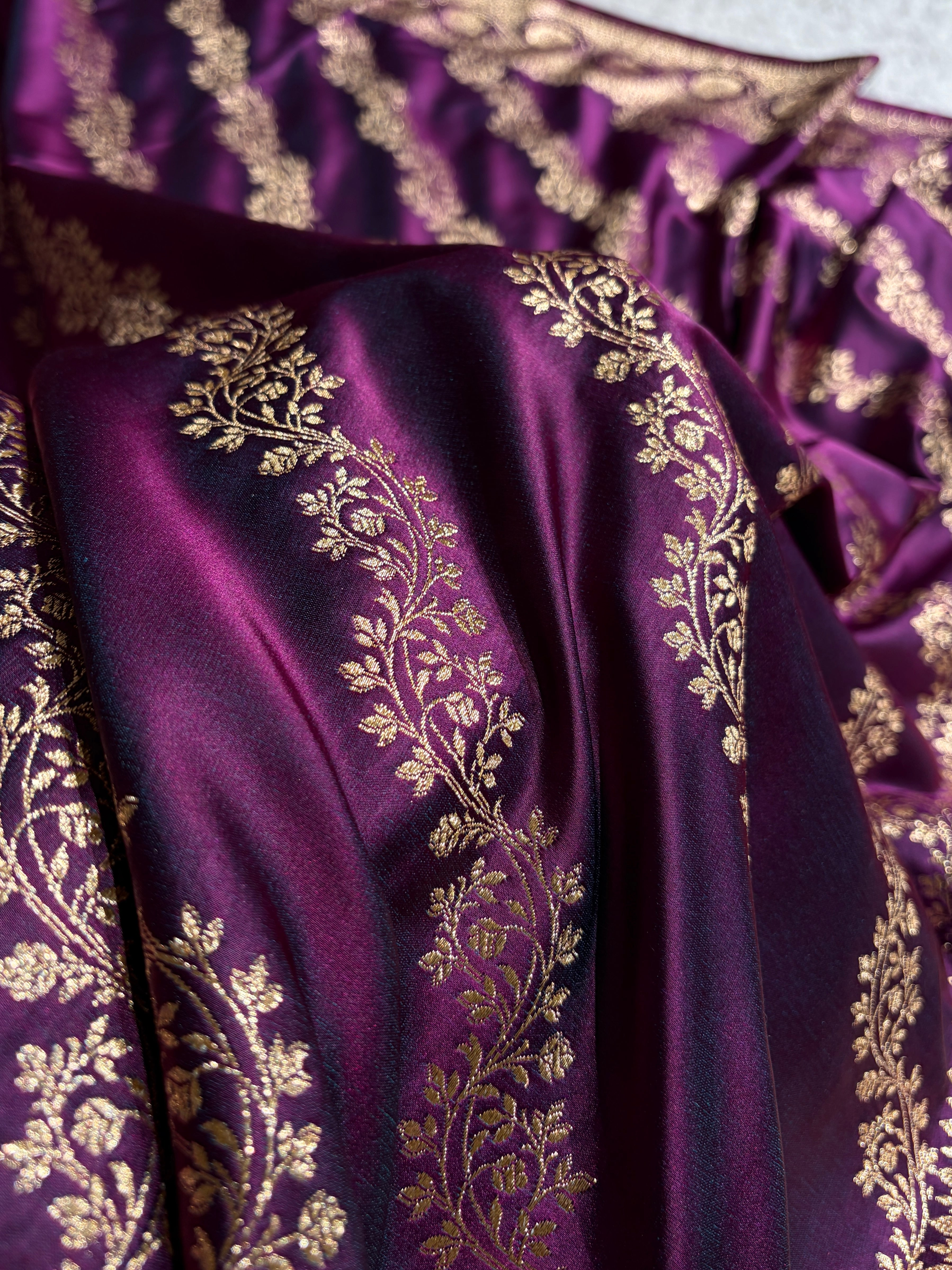 Wine Floral Cross Pattern Satin Katan Silk Saree SK74