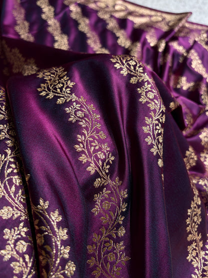 Wine Floral Cross Pattern Satin Katan Silk Saree SK74