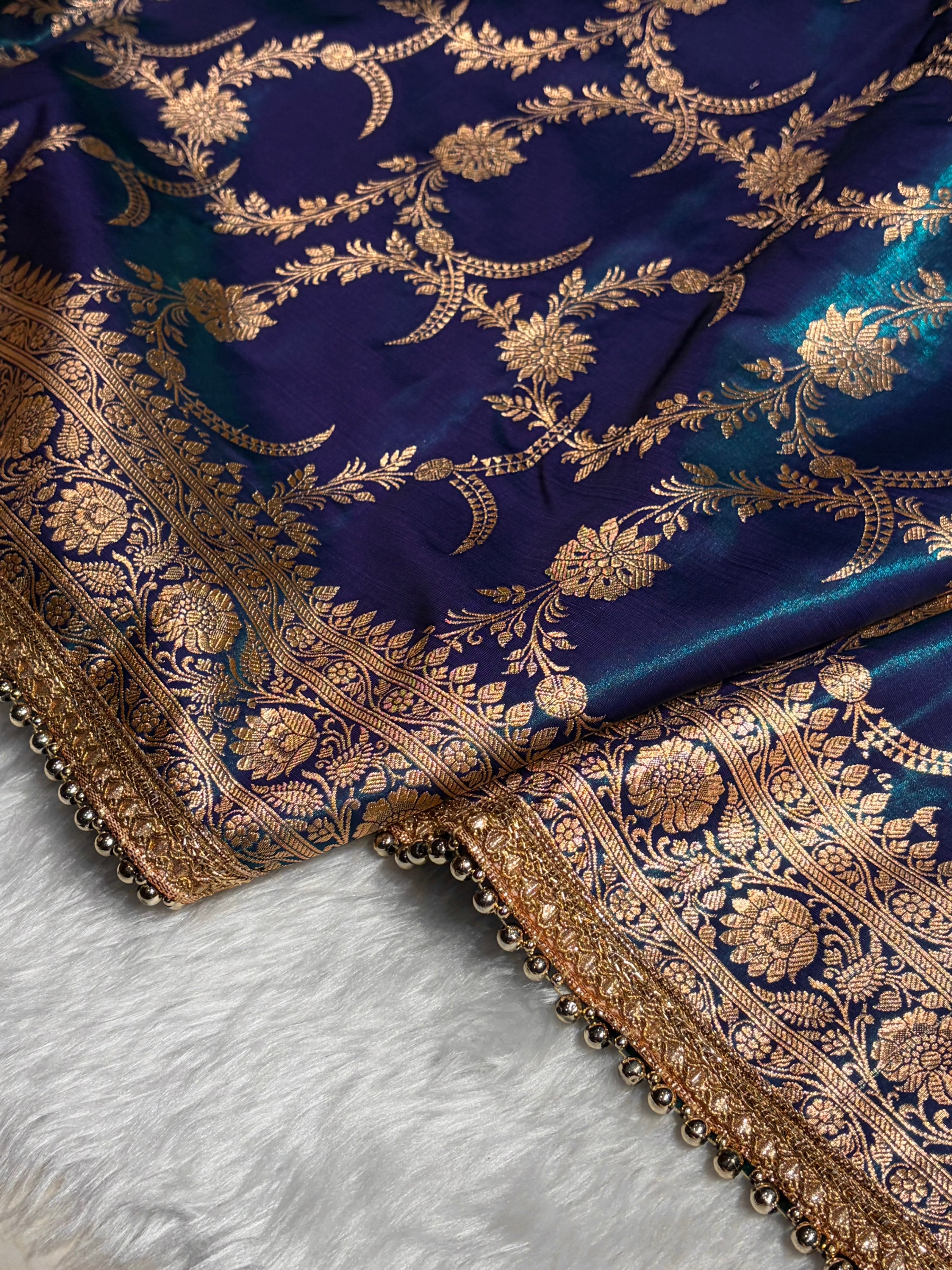 Satin Silk Banarasi Jaal In Peacock Shades With Gotta Patti  SSGP18