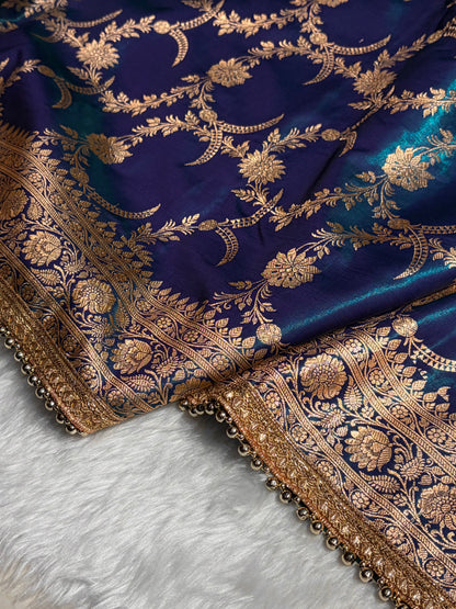 Satin Silk Banarasi Jaal In Peacock Shades With Gotta Patti  SSGP18