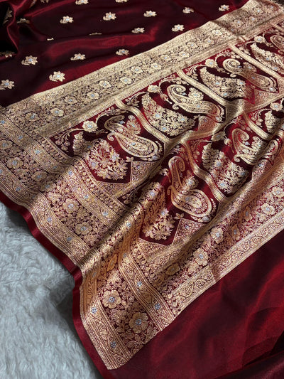 Maroon Shades Minakari Boota Pattern Banarasi Satin Silk Saree SS44