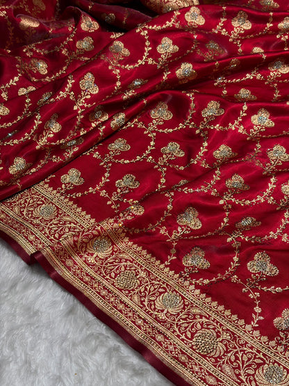 Satin Silk Saree Banarasi Swarovski Work Jaal in Maroon Shades BSS23 (R)