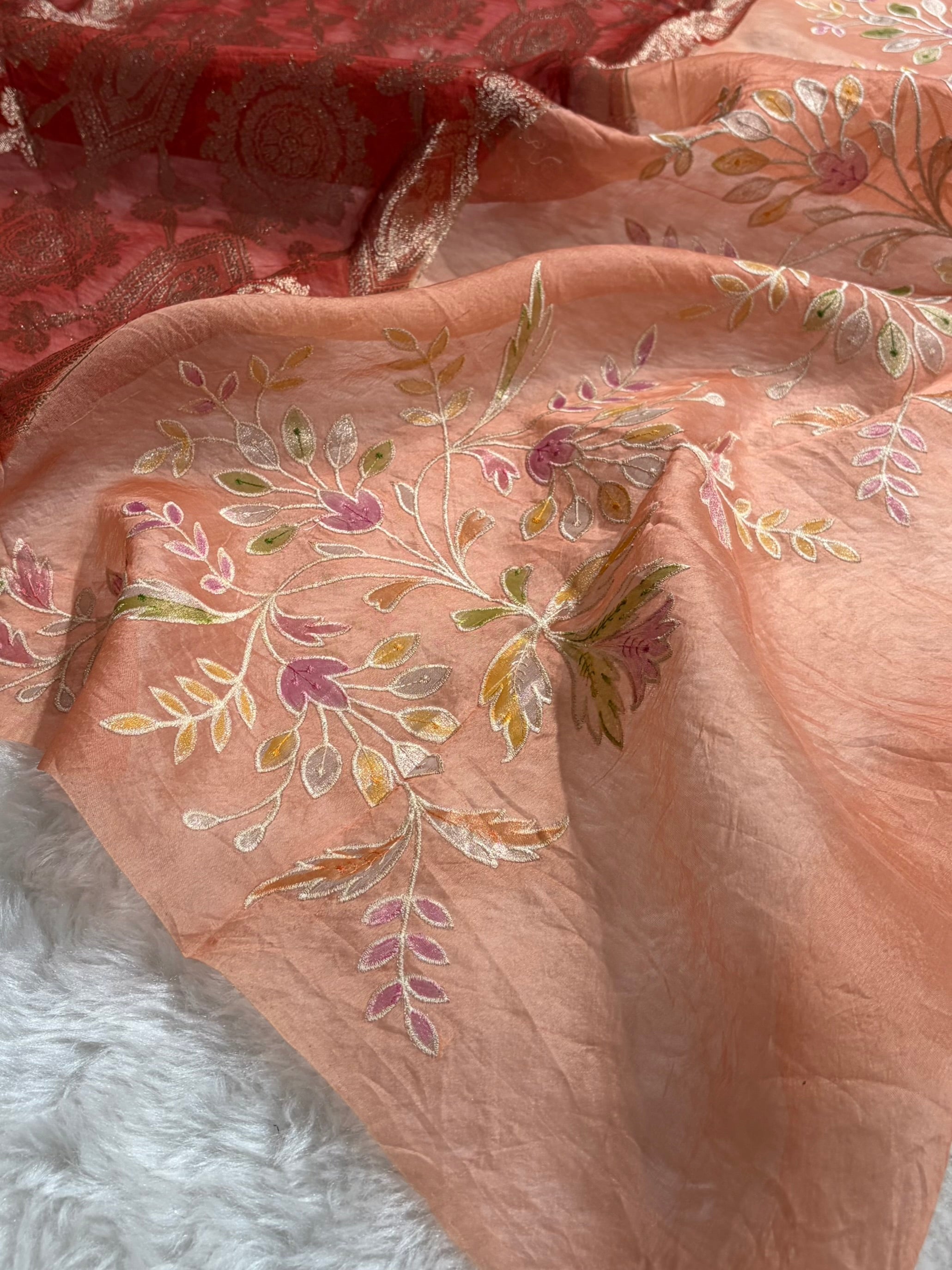 Banarasi Pure Organza Contrast Red With Light Peach Shades Banarasi Silk Saree PO-41