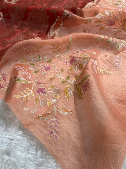 Banarasi Pure Organza Contrast Red With Light Peach Shades Banarasi Silk Saree PO-41