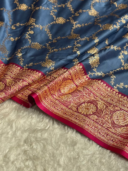 Banarasi Contrast Satin Katan Saree With Jaal Pattern in Grey With Rani Shades SK124