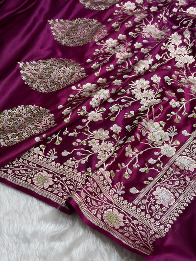 Wine Shades Banarasi With Plain Minakari Broder Pattern Mashru Silk Saree MSM-135