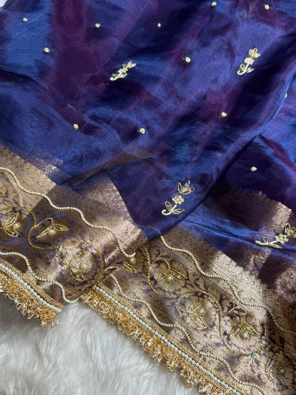 Purple Shades Wtih Ari & White Moti Work Pure Tissue Silk Saree with Brocade Blouse BPT-18
