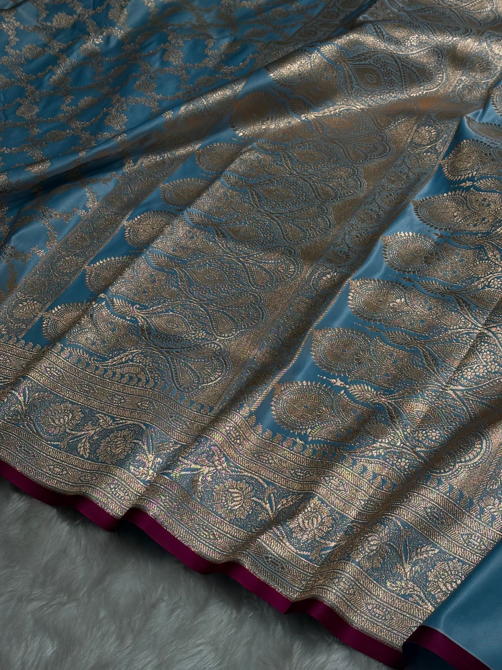 Sky Blue Jaal Pattern Satin Katan Silk Saree SK25