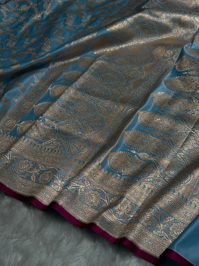 Sky Blue Jaal Pattern Satin Katan Silk Saree SK25