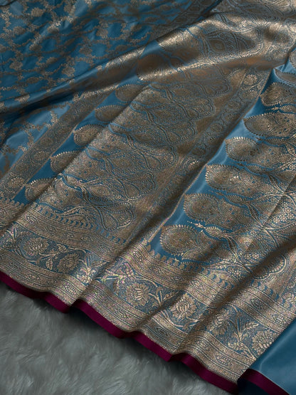 Sky Blue Jaal Pattern Satin Katan Silk Saree SK25