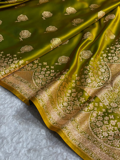 Banarasi Satin Katan Saree With Boota in Mehndi Green Shades SK111