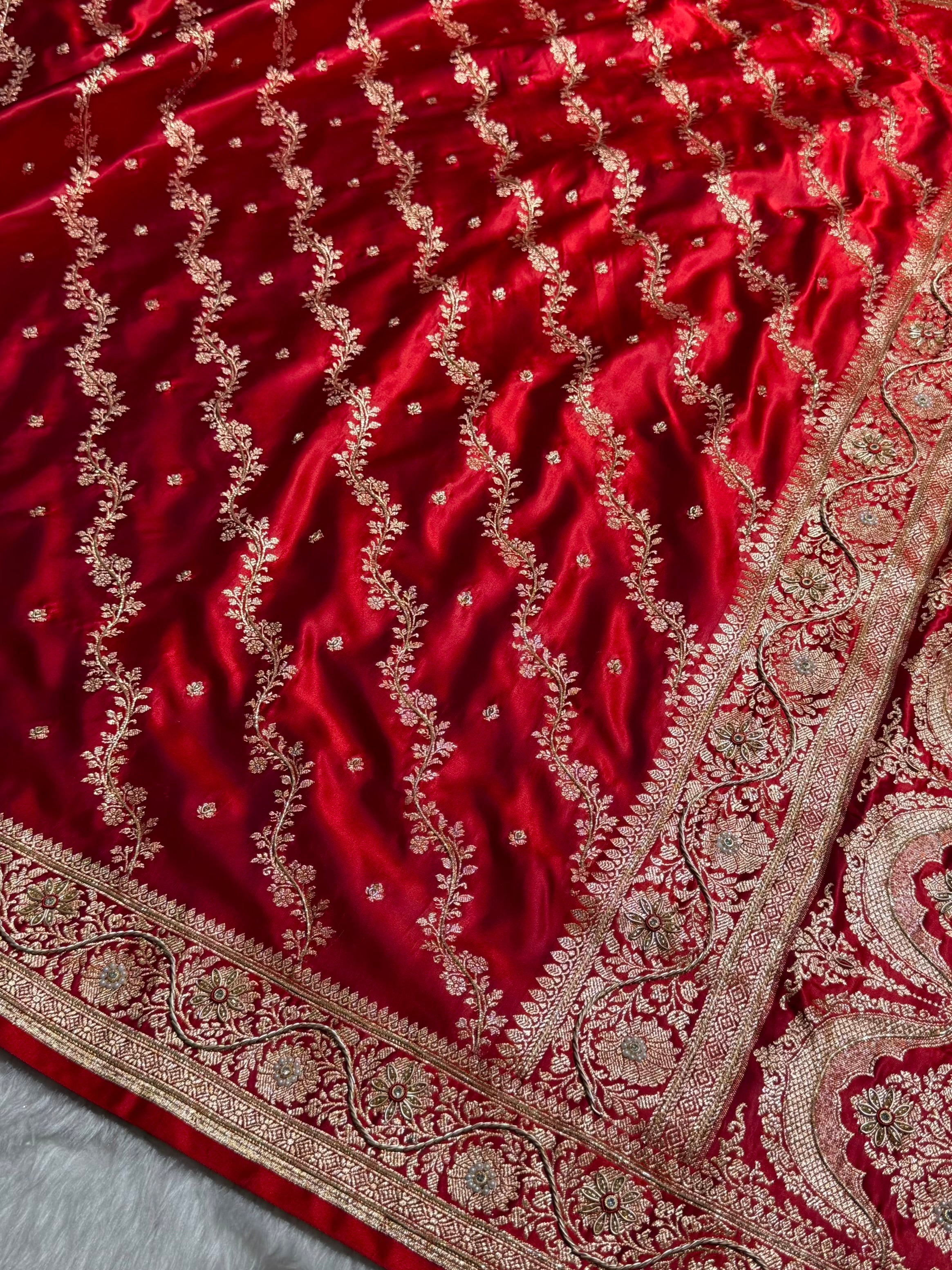 Banarasi Satin Katan Saree With Ari & Zardozi Work Boota in Red Shades BSK108