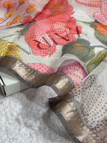 Pastel Grey Organza with Pastel Multicolor Florals & Gold Zari Border POP03