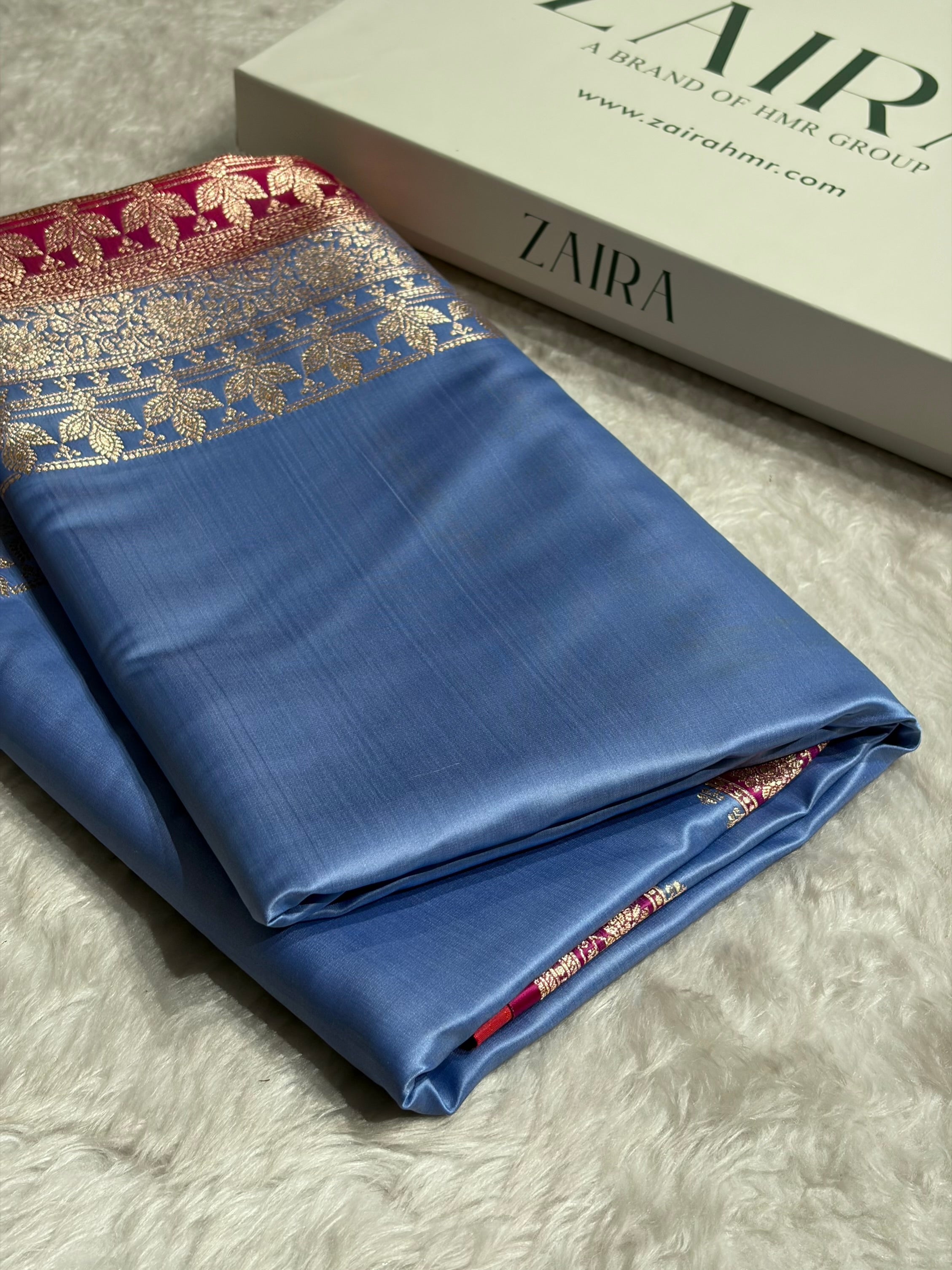 Banarasi Satin Katan Saree in Contrast Sky Blue and Rani Shades SK131