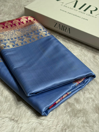 Banarasi Satin Katan Saree in Contrast Sky Blue and Rani Shades SK131