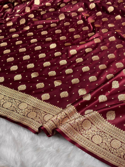 Garnet Unique Boota Pattern Satin Katan Silk Saree SK69