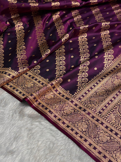 Wine Shades Cross Floral Pattern Satin Katan Silk Saree SK79