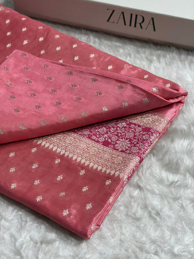 Peach Shades With Contrast Border Crepe Silky Katan Banarasi Saree CSK-06