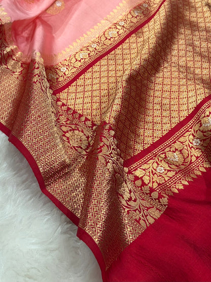 Banarasi Peach With Contrast Maroon Border & Meenakari Boota Handwoven Pure Katan Paper Silk RM-74