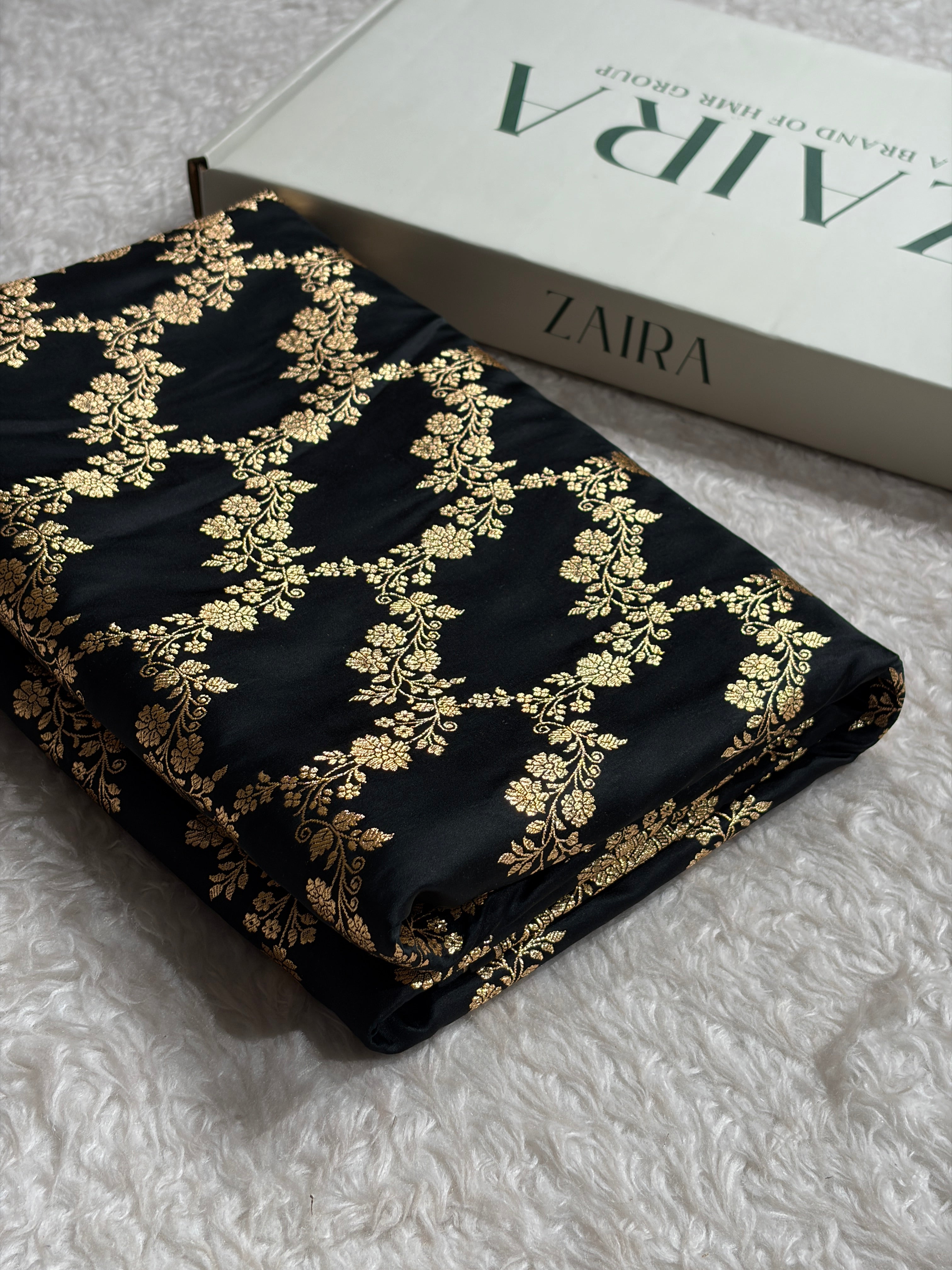 Black Floral Jaal Pattern Satin Katan Silk Saree SK43