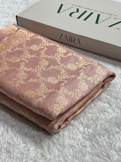 Banarasi Rose Gold Jaal Pattern Satin Katan Silk Saree SK25
