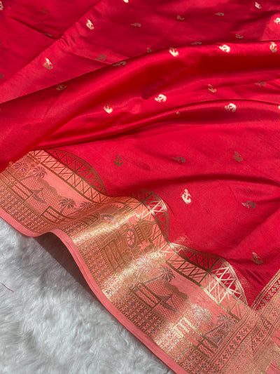 Banarasi Red With Peach Contrast Shade Flower Boota Pure Caramel Mango Silk Saree CS-18