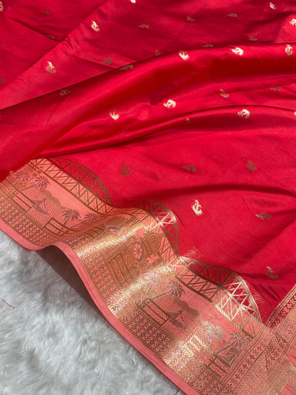 Banarasi Red With Peach Contrast Shade Flower Boota Pure Caramel Mango Silk Saree CS-18