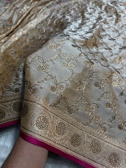 Beige Shades Cross With Swarovski Work Satin Katan Silk Saree BSK17