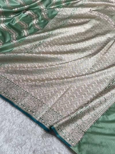 Banarasi Cross Pattern in Sea Green Shades Floral Mashru Silk Saree MCS93