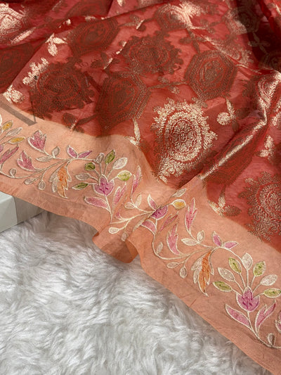 Banarasi Pure Organza Contrast Red With Light Peach Shades Banarasi Silk Saree PO-41