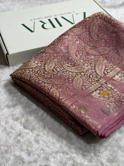 Banarasi Mauve Shade Flower Minakari Brocade Pure Caramel Mango Silk Saree CS-20