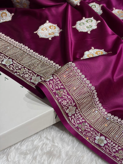 Premium Banarasi Satin Katan Saree Swarovski Work Minakari Booti Pattern in Wine Shades BSK04