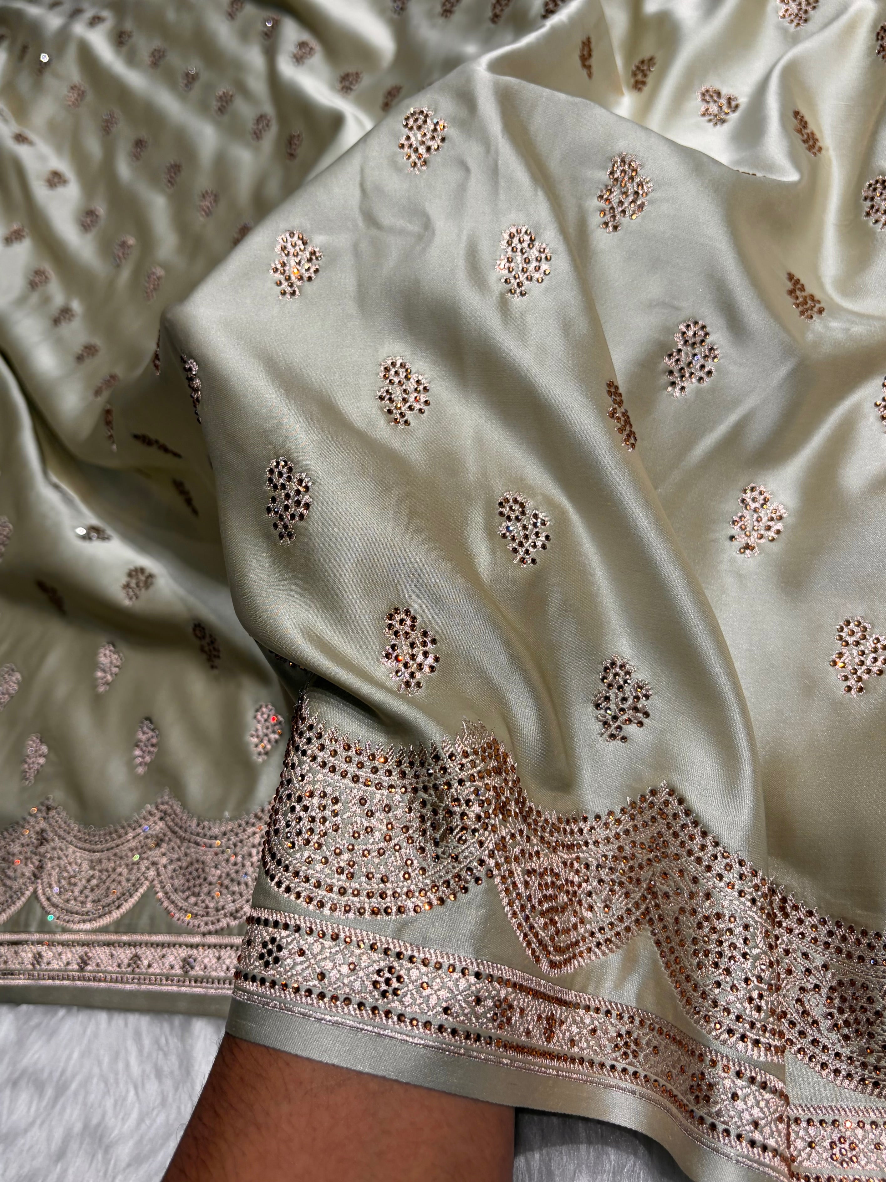 Light Pista Scallop Mashru Silk with Swarovski work BMS02