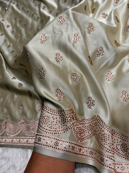 Light Pista Scallop Mashru Silk with Swarovski work BMS02