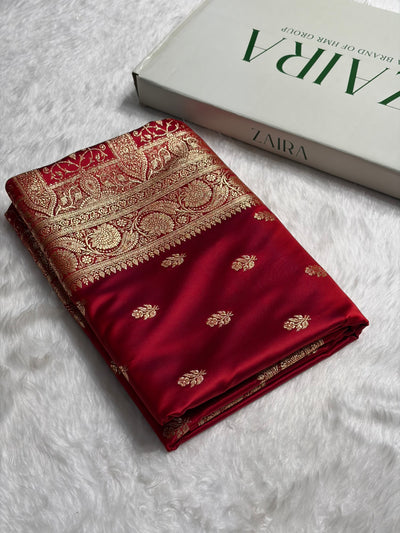 Cross Maroon Floral Boota Pattern Satin Katan Silk Saree SK71