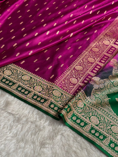 Contrast Wine / Green Floral Booti Banarasi Satin Katan Silk Saree SK14