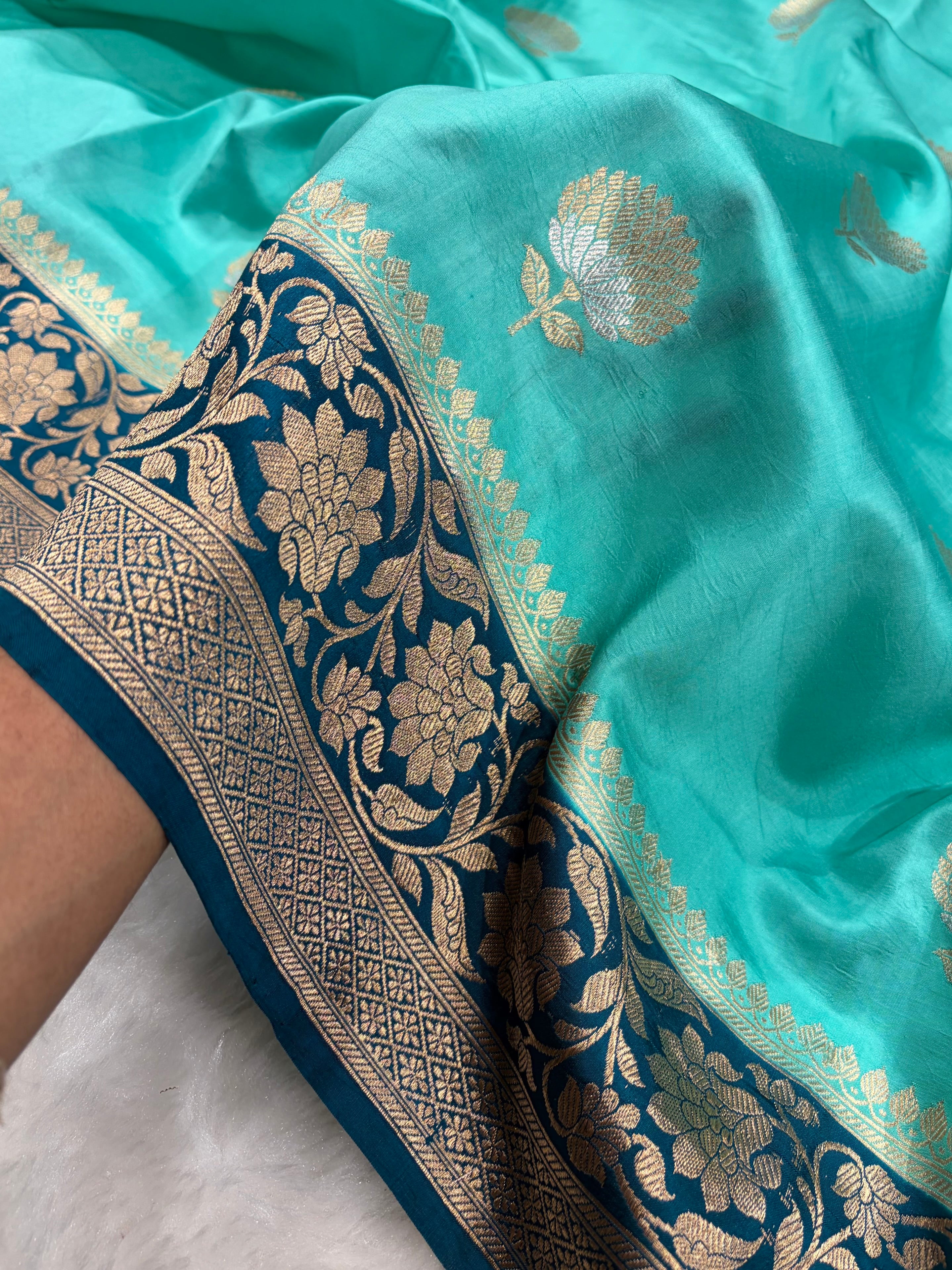 Banarasi Sea Green With Rama Contrast Shades Minakari Boota Handwoven Pure Paper Silk RM-84