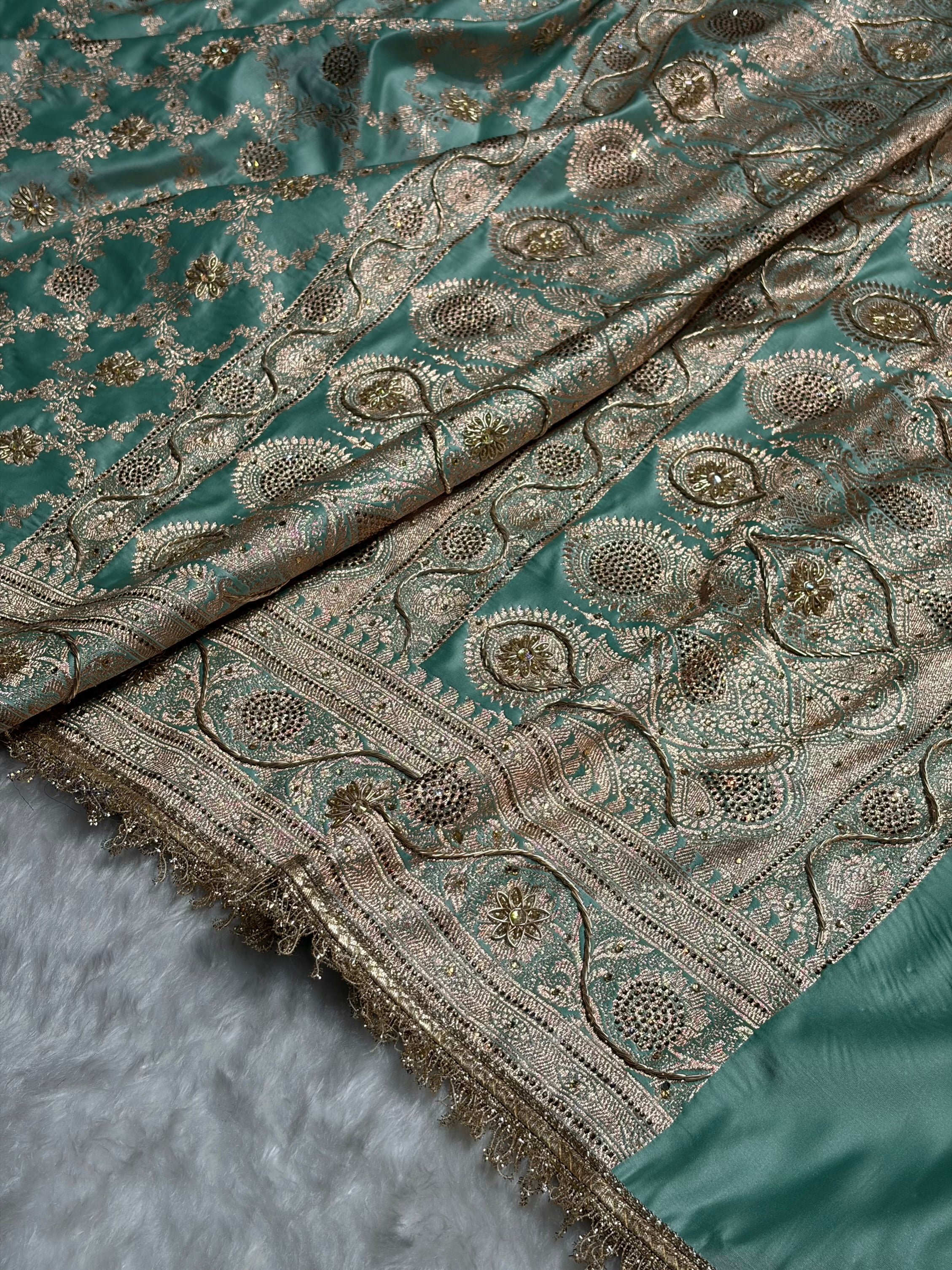 Sea Green Swavroski & Zardozi Work With Gotta Patti Jaal Pattern Satin Katan Silk Saree BSKGP25