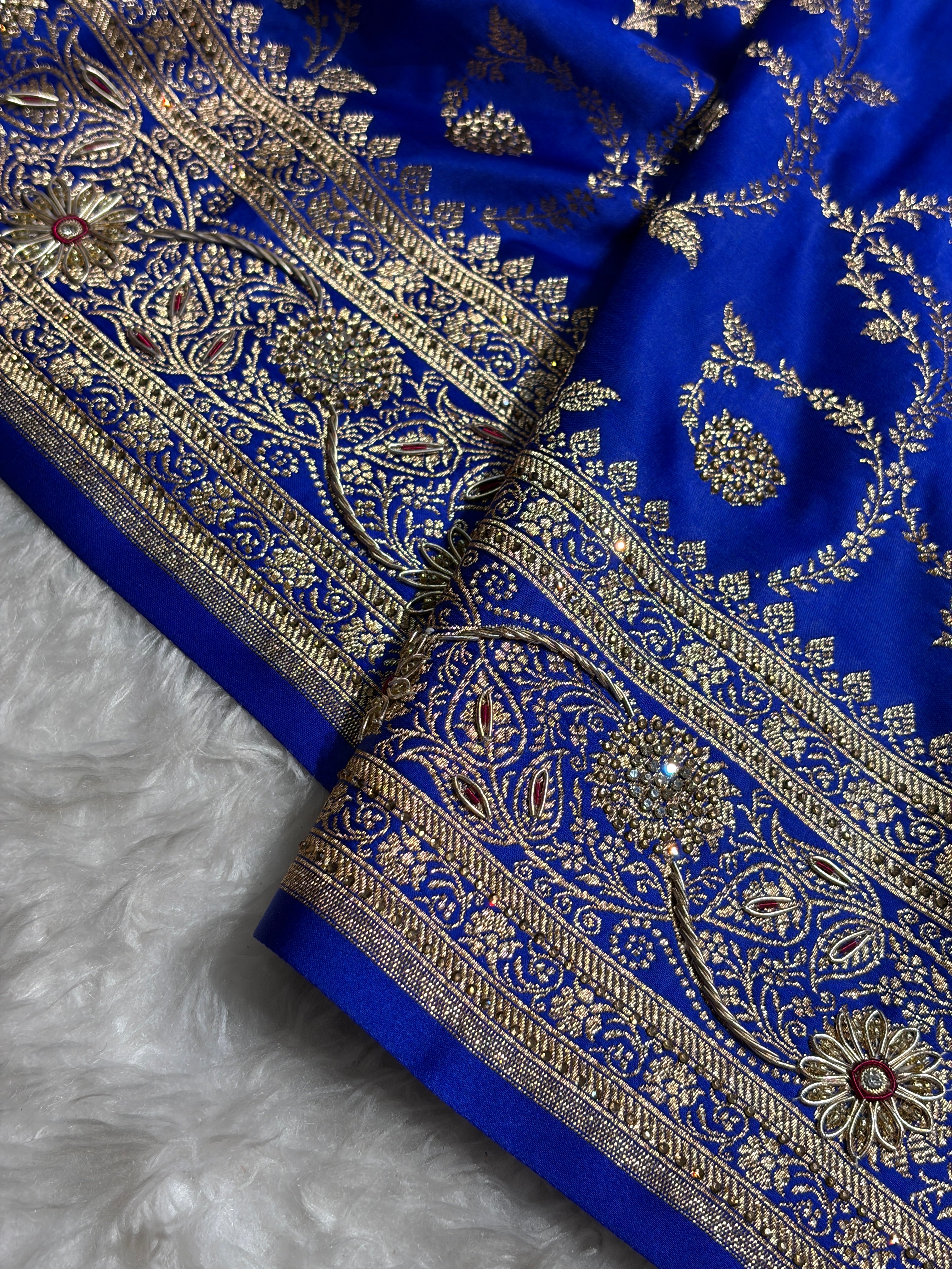 Royal Blue Shades Floral With Zardozi Work In Jaal Pattern Satin Katan Silk saree BSK55