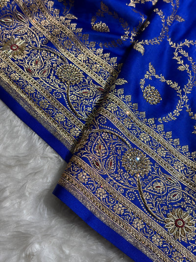 Royal Blue Shades Floral With Zardozi Work In Jaal Pattern Satin Katan Silk saree BSK55