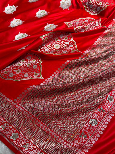 Premium Banarasi Satin Katan Saree Swarovski Work Minakari Booti Pattern in Red Shades BSK04