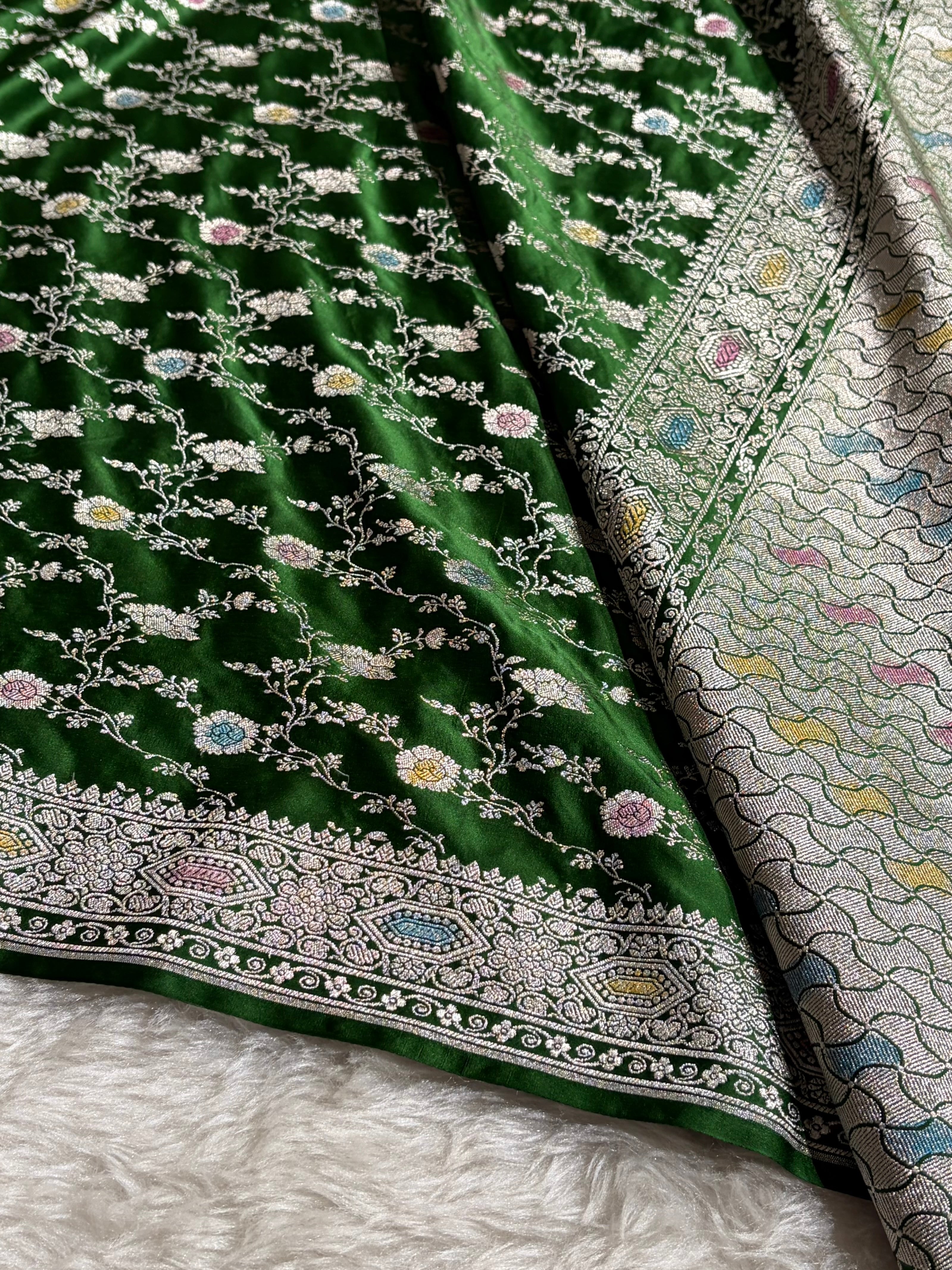 Banarasi Bottle Green Shades Minakari Floral Mashru Silk Saree MCS92