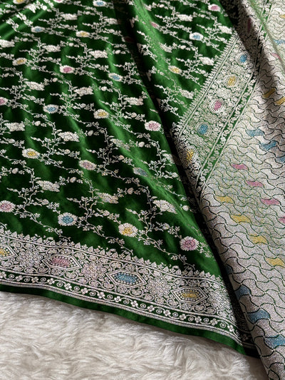 Banarasi Bottle Green Shades Minakari Floral Mashru Silk Saree MCS92