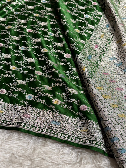 Banarasi Bottle Green Shades Minakari Floral Mashru Silk Saree MCS92