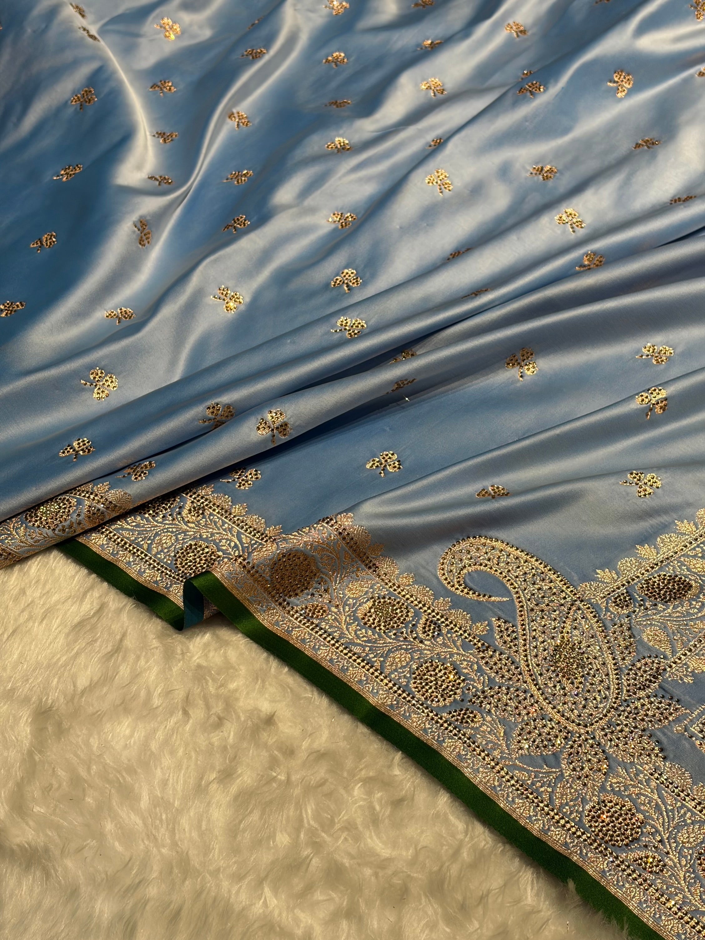 Sky Blue Booti With Swarovski Work Katan Silk Saree BSK09