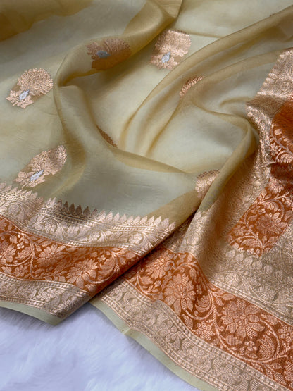 Pure Organza Dusty Yellow Floral Meena Banarasi Silk Saree PO-04
